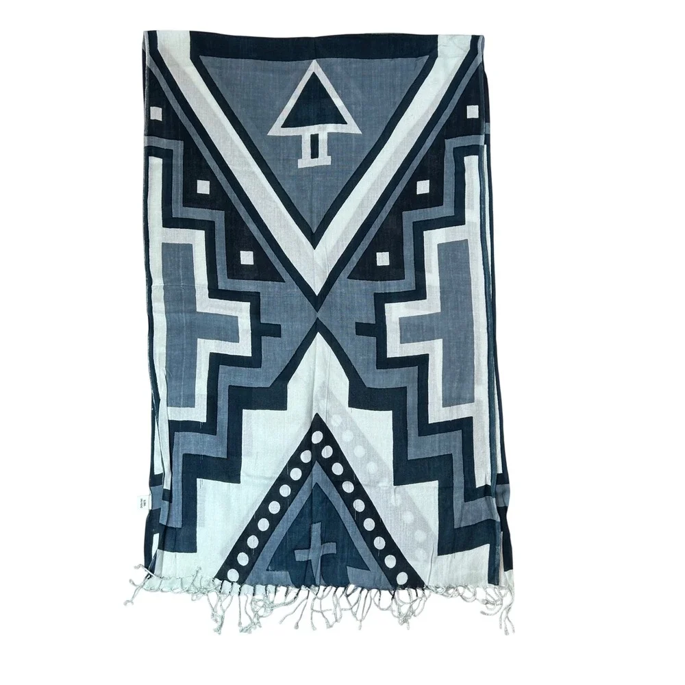 Global Girlfriend Blue Grey Geometric Print Viscose Scarf Fair Trade Fringe Wrap